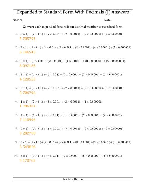 The Converting Expanded Factors Form Decimals Using Decimals to Standard Form (1-Digit Before the Decimal; 6-Digits After the Decimal) (J) Math Worksheet Page 2