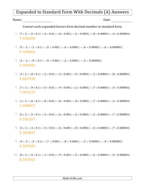 The Converting Expanded Factors Form Decimals Using Decimals to Standard Form (1-Digit Before the Decimal; 6-Digits After the Decimal) (All) Math Worksheet Page 2