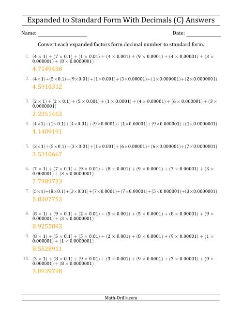 The Converting Expanded Factors Form Decimals Using Decimals to Standard Form (1-Digit Before the Decimal; 7-Digits After the Decimal) (C) Math Worksheet Page 2