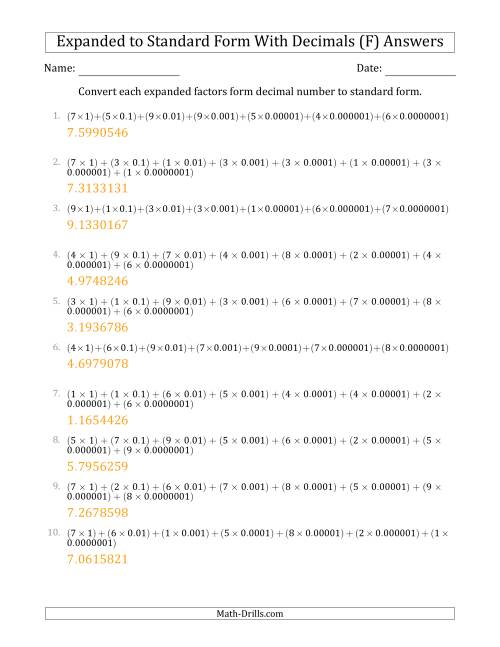 The Converting Expanded Factors Form Decimals Using Decimals to Standard Form (1-Digit Before the Decimal; 7-Digits After the Decimal) (F) Math Worksheet Page 2