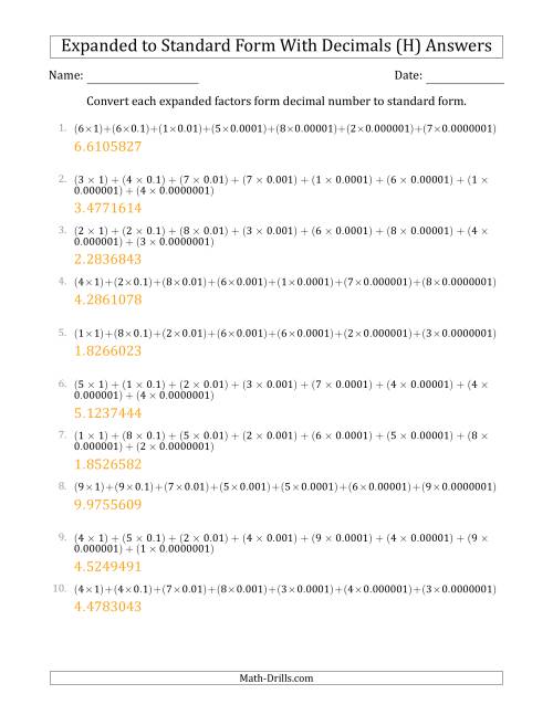 The Converting Expanded Factors Form Decimals Using Decimals to Standard Form (1-Digit Before the Decimal; 7-Digits After the Decimal) (H) Math Worksheet Page 2