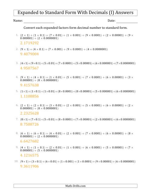 The Converting Expanded Factors Form Decimals Using Decimals to Standard Form (1-Digit Before the Decimal; 7-Digits After the Decimal) (I) Math Worksheet Page 2