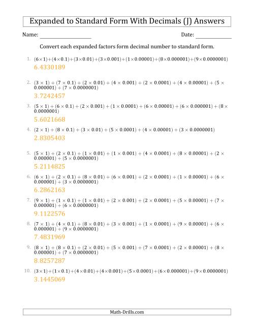 The Converting Expanded Factors Form Decimals Using Decimals to Standard Form (1-Digit Before the Decimal; 7-Digits After the Decimal) (J) Math Worksheet Page 2