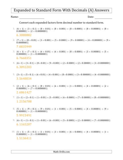 The Converting Expanded Factors Form Decimals Using Decimals to Standard Form (1-Digit Before the Decimal; 7-Digits After the Decimal) (All) Math Worksheet Page 2