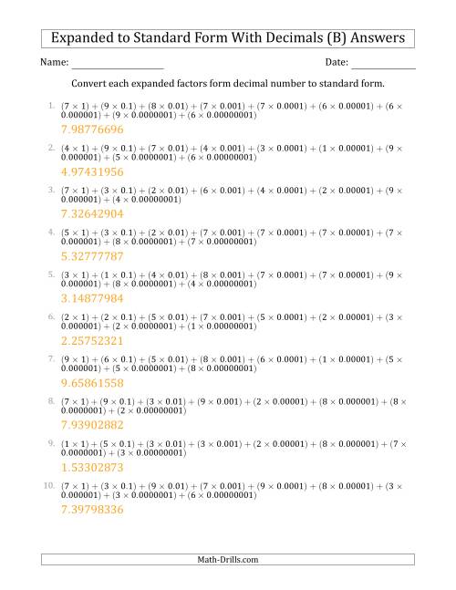 The Converting Expanded Factors Form Decimals Using Decimals to Standard Form (1-Digit Before the Decimal; 8-Digits After the Decimal) (B) Math Worksheet Page 2