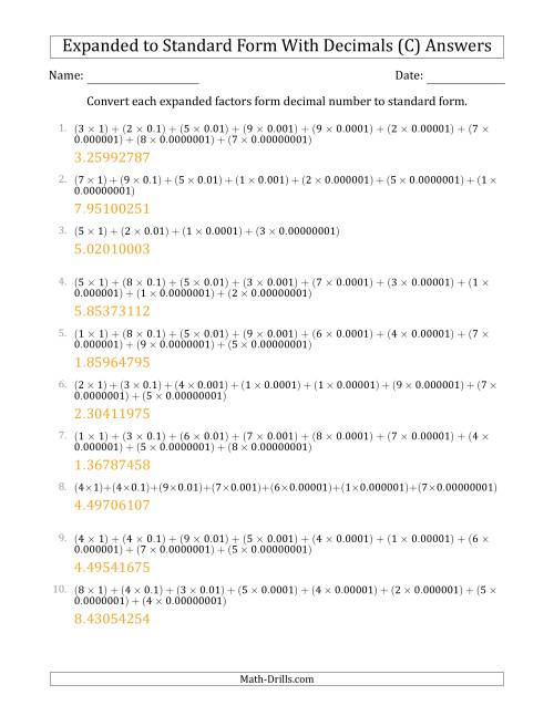 The Converting Expanded Factors Form Decimals Using Decimals to Standard Form (1-Digit Before the Decimal; 8-Digits After the Decimal) (C) Math Worksheet Page 2