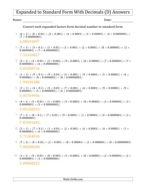 The Converting Expanded Factors Form Decimals Using Decimals to Standard Form (1-Digit Before the Decimal; 8-Digits After the Decimal) (D) Math Worksheet Page 2