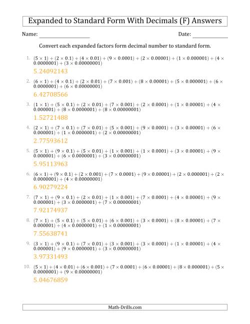 The Converting Expanded Factors Form Decimals Using Decimals to Standard Form (1-Digit Before the Decimal; 8-Digits After the Decimal) (F) Math Worksheet Page 2
