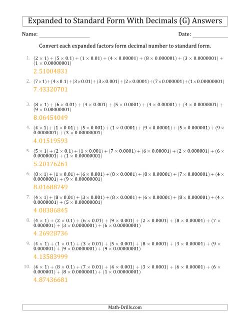 The Converting Expanded Factors Form Decimals Using Decimals to Standard Form (1-Digit Before the Decimal; 8-Digits After the Decimal) (G) Math Worksheet Page 2