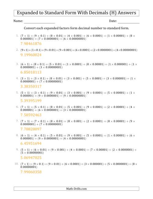 The Converting Expanded Factors Form Decimals Using Decimals to Standard Form (1-Digit Before the Decimal; 8-Digits After the Decimal) (H) Math Worksheet Page 2