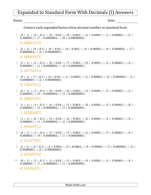 The Converting Expanded Factors Form Decimals Using Decimals to Standard Form (1-Digit Before the Decimal; 8-Digits After the Decimal) (I) Math Worksheet Page 2