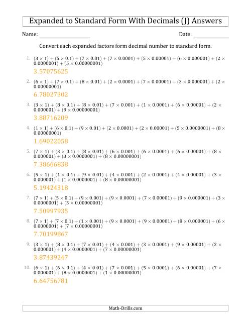 The Converting Expanded Factors Form Decimals Using Decimals to Standard Form (1-Digit Before the Decimal; 8-Digits After the Decimal) (J) Math Worksheet Page 2
