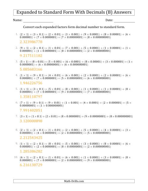 The Converting Expanded Factors Form Decimals Using Decimals to Standard Form (1-Digit Before the Decimal; 9-Digits After the Decimal) (B) Math Worksheet Page 2
