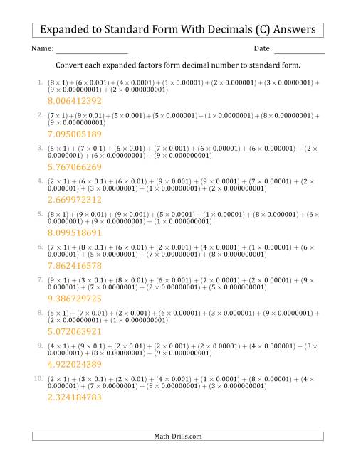 The Converting Expanded Factors Form Decimals Using Decimals to Standard Form (1-Digit Before the Decimal; 9-Digits After the Decimal) (C) Math Worksheet Page 2