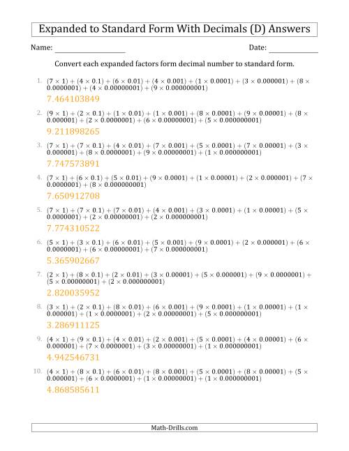 The Converting Expanded Factors Form Decimals Using Decimals to Standard Form (1-Digit Before the Decimal; 9-Digits After the Decimal) (D) Math Worksheet Page 2
