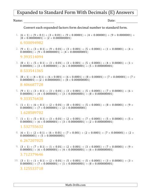 The Converting Expanded Factors Form Decimals Using Decimals to Standard Form (1-Digit Before the Decimal; 9-Digits After the Decimal) (E) Math Worksheet Page 2