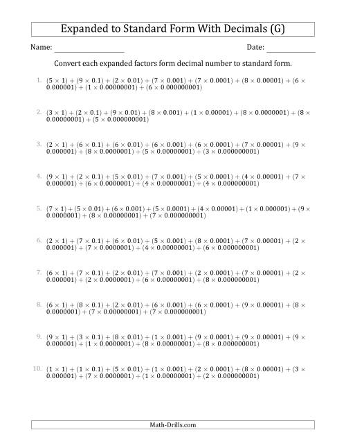 The Converting Expanded Factors Form Decimals Using Decimals to Standard Form (1-Digit Before the Decimal; 9-Digits After the Decimal) (G) Math Worksheet