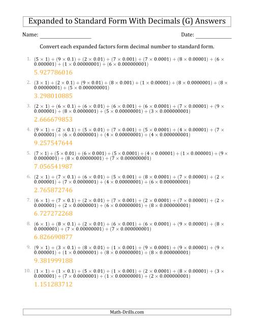 The Converting Expanded Factors Form Decimals Using Decimals to Standard Form (1-Digit Before the Decimal; 9-Digits After the Decimal) (G) Math Worksheet Page 2