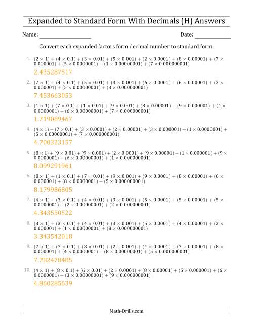 The Converting Expanded Factors Form Decimals Using Decimals to Standard Form (1-Digit Before the Decimal; 9-Digits After the Decimal) (H) Math Worksheet Page 2
