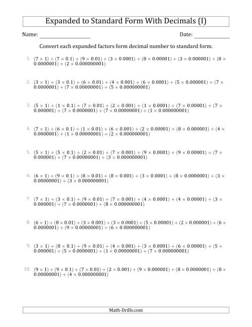 The Converting Expanded Factors Form Decimals Using Decimals to Standard Form (1-Digit Before the Decimal; 9-Digits After the Decimal) (I) Math Worksheet