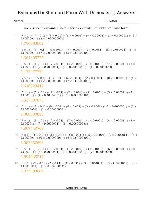 The Converting Expanded Factors Form Decimals Using Decimals to Standard Form (1-Digit Before the Decimal; 9-Digits After the Decimal) (I) Math Worksheet Page 2