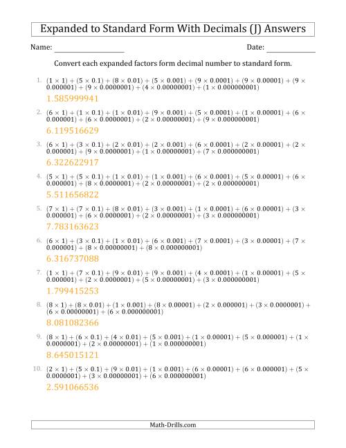 The Converting Expanded Factors Form Decimals Using Decimals to Standard Form (1-Digit Before the Decimal; 9-Digits After the Decimal) (J) Math Worksheet Page 2