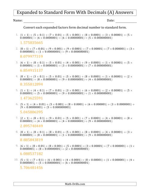 The Converting Expanded Factors Form Decimals Using Decimals to Standard Form (1-Digit Before the Decimal; 9-Digits After the Decimal) (All) Math Worksheet Page 2