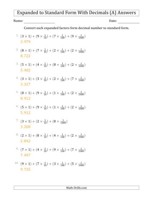 The Converting Expanded Factors Form Decimals Using Fractions to Standard Form (1-Digit Before the Decimal; 3-Digits After the Decimal) (A) Math Worksheet Page 2