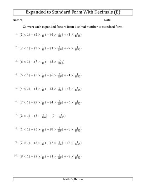 The Converting Expanded Factors Form Decimals Using Fractions to Standard Form (1-Digit Before the Decimal; 3-Digits After the Decimal) (B) Math Worksheet