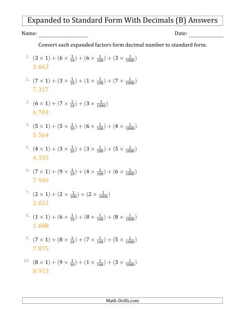 The Converting Expanded Factors Form Decimals Using Fractions to Standard Form (1-Digit Before the Decimal; 3-Digits After the Decimal) (B) Math Worksheet Page 2