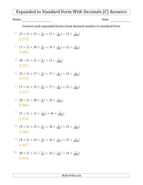 The Converting Expanded Factors Form Decimals Using Fractions to Standard Form (1-Digit Before the Decimal; 3-Digits After the Decimal) (C) Math Worksheet Page 2