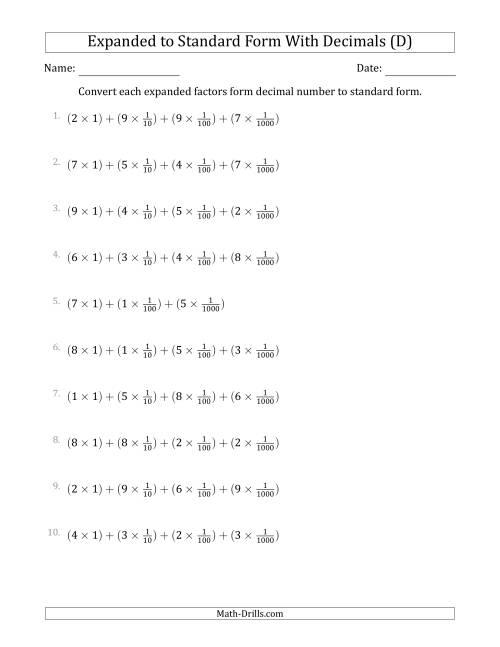 The Converting Expanded Factors Form Decimals Using Fractions to Standard Form (1-Digit Before the Decimal; 3-Digits After the Decimal) (D) Math Worksheet