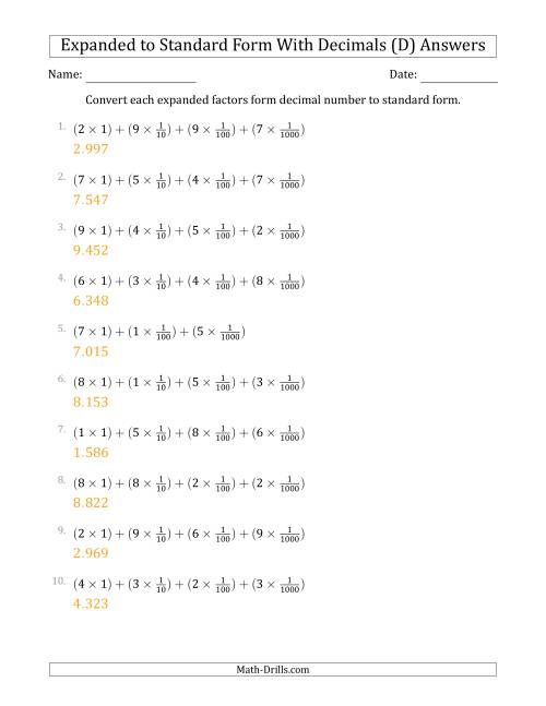 The Converting Expanded Factors Form Decimals Using Fractions to Standard Form (1-Digit Before the Decimal; 3-Digits After the Decimal) (D) Math Worksheet Page 2