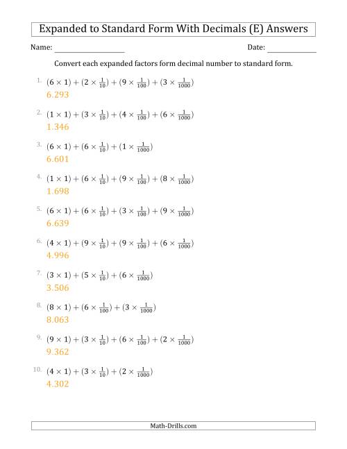 The Converting Expanded Factors Form Decimals Using Fractions to Standard Form (1-Digit Before the Decimal; 3-Digits After the Decimal) (E) Math Worksheet Page 2