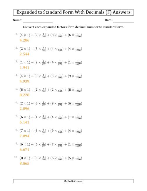 The Converting Expanded Factors Form Decimals Using Fractions to Standard Form (1-Digit Before the Decimal; 3-Digits After the Decimal) (F) Math Worksheet Page 2