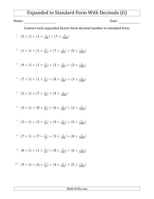The Converting Expanded Factors Form Decimals Using Fractions to Standard Form (1-Digit Before the Decimal; 3-Digits After the Decimal) (G) Math Worksheet