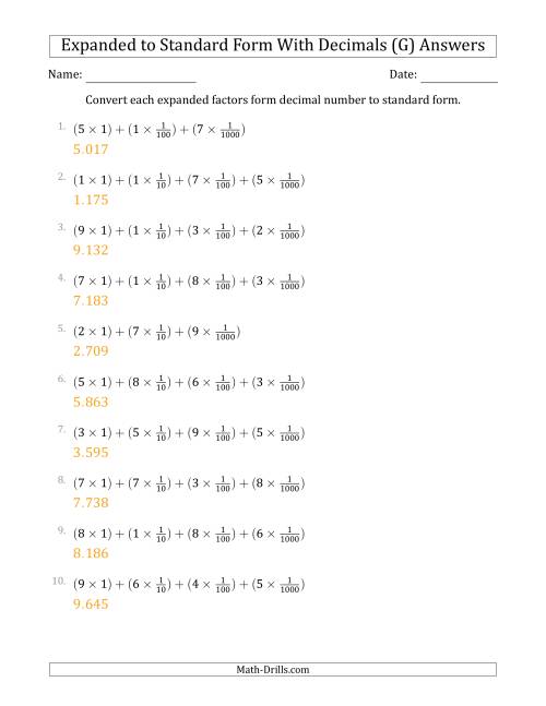The Converting Expanded Factors Form Decimals Using Fractions to Standard Form (1-Digit Before the Decimal; 3-Digits After the Decimal) (G) Math Worksheet Page 2