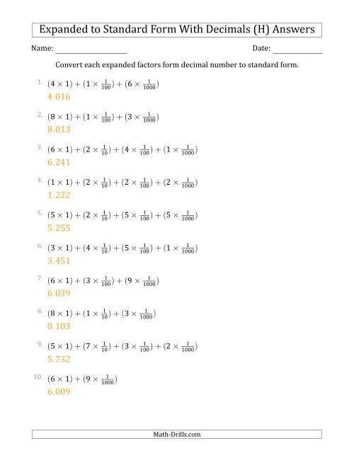 The Converting Expanded Factors Form Decimals Using Fractions to Standard Form (1-Digit Before the Decimal; 3-Digits After the Decimal) (H) Math Worksheet Page 2