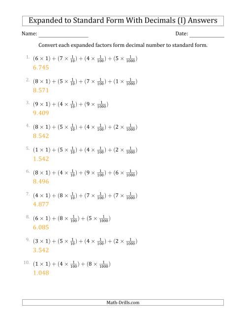 The Converting Expanded Factors Form Decimals Using Fractions to Standard Form (1-Digit Before the Decimal; 3-Digits After the Decimal) (I) Math Worksheet Page 2