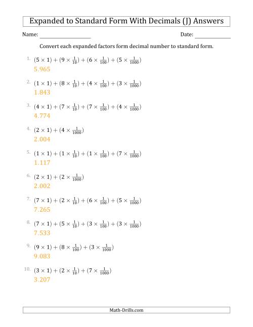 The Converting Expanded Factors Form Decimals Using Fractions to Standard Form (1-Digit Before the Decimal; 3-Digits After the Decimal) (J) Math Worksheet Page 2