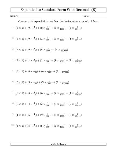 The Converting Expanded Factors Form Decimals Using Fractions to Standard Form (1-Digit Before the Decimal; 4-Digits After the Decimal) (B) Math Worksheet