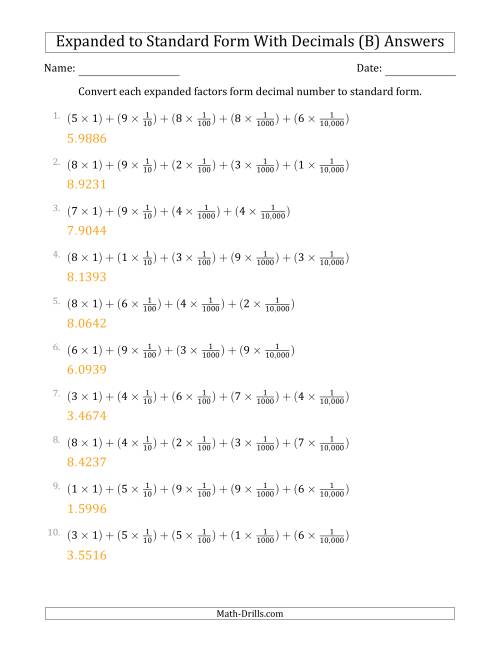 The Converting Expanded Factors Form Decimals Using Fractions to Standard Form (1-Digit Before the Decimal; 4-Digits After the Decimal) (B) Math Worksheet Page 2