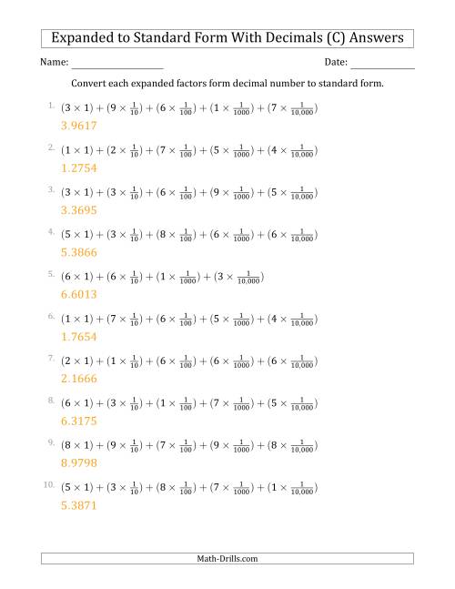The Converting Expanded Factors Form Decimals Using Fractions to Standard Form (1-Digit Before the Decimal; 4-Digits After the Decimal) (C) Math Worksheet Page 2