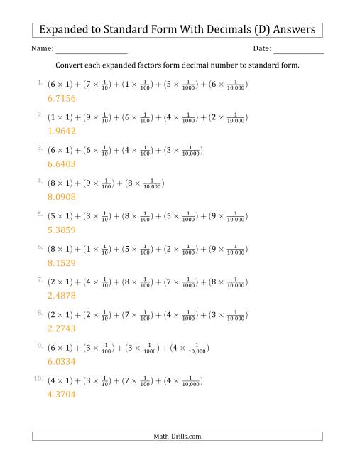 The Converting Expanded Factors Form Decimals Using Fractions to Standard Form (1-Digit Before the Decimal; 4-Digits After the Decimal) (D) Math Worksheet Page 2