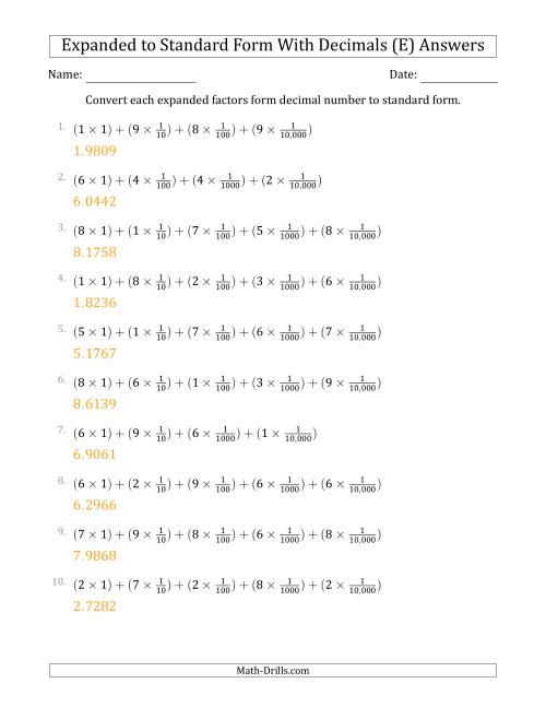 The Converting Expanded Factors Form Decimals Using Fractions to Standard Form (1-Digit Before the Decimal; 4-Digits After the Decimal) (E) Math Worksheet Page 2