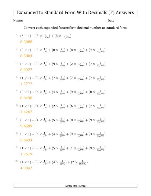 The Converting Expanded Factors Form Decimals Using Fractions to Standard Form (1-Digit Before the Decimal; 4-Digits After the Decimal) (F) Math Worksheet Page 2