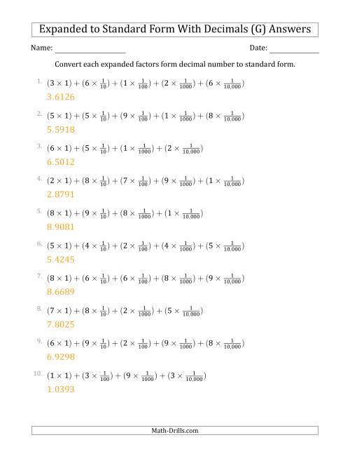 The Converting Expanded Factors Form Decimals Using Fractions to Standard Form (1-Digit Before the Decimal; 4-Digits After the Decimal) (G) Math Worksheet Page 2