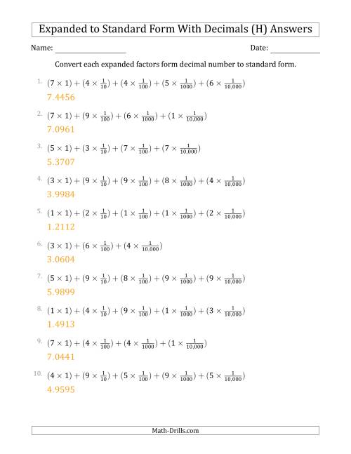 The Converting Expanded Factors Form Decimals Using Fractions to Standard Form (1-Digit Before the Decimal; 4-Digits After the Decimal) (H) Math Worksheet Page 2