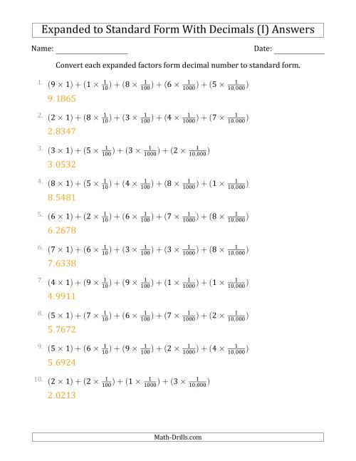 The Converting Expanded Factors Form Decimals Using Fractions to Standard Form (1-Digit Before the Decimal; 4-Digits After the Decimal) (I) Math Worksheet Page 2