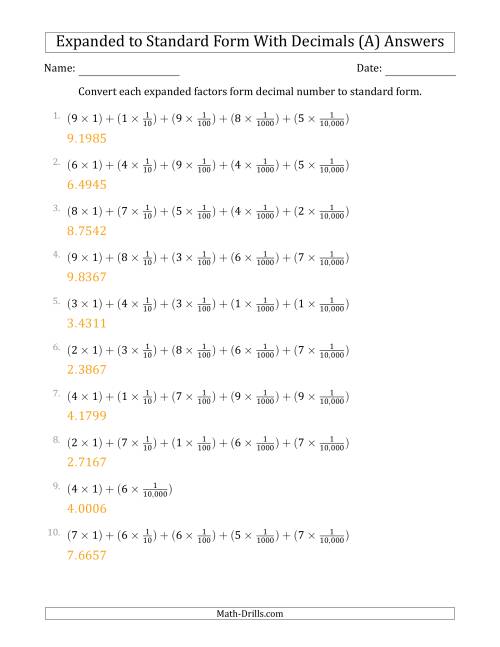 The Converting Expanded Factors Form Decimals Using Fractions to Standard Form (1-Digit Before the Decimal; 4-Digits After the Decimal) (All) Math Worksheet Page 2